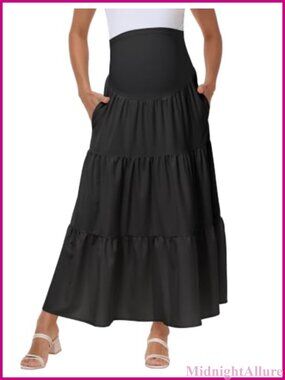 Maternity Maxi Skirt Over-Bump Tiered A-Line High Rise Pull On